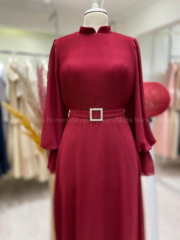 Piliseli Şifon Abiye Bordo