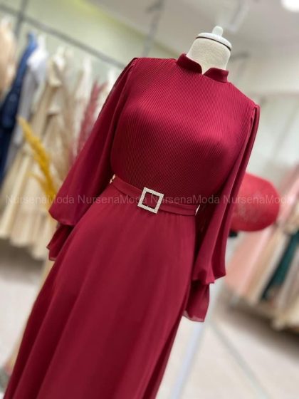 Piliseli Şifon Abiye Bordo