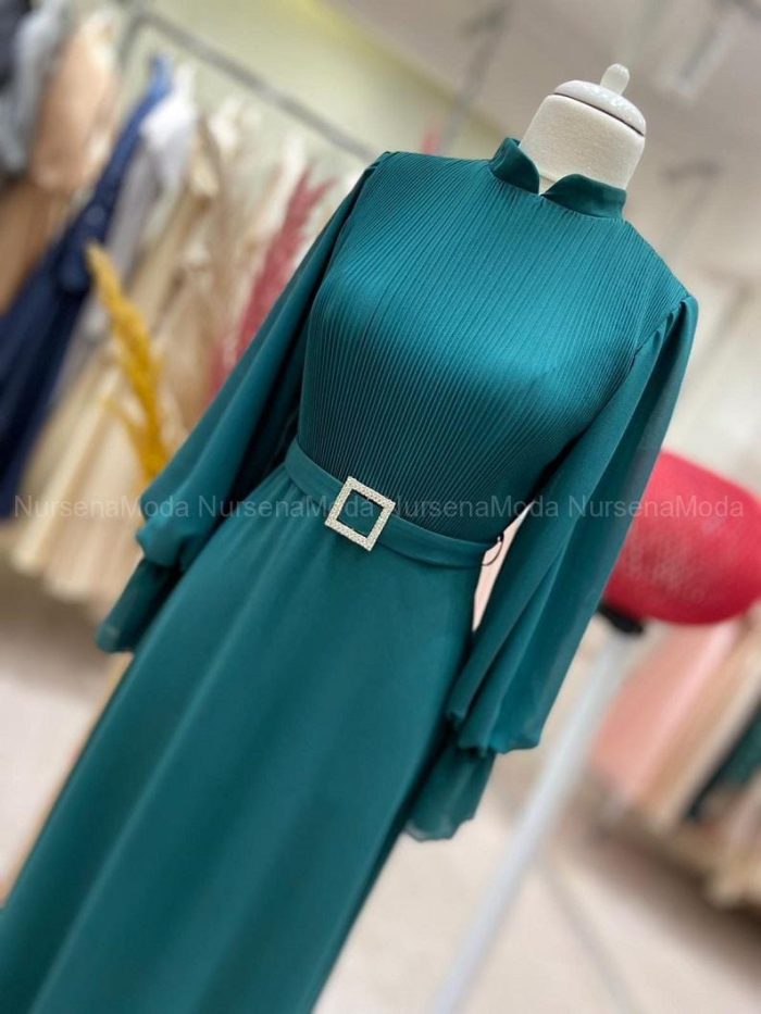 Piliseli Şifon Abiye Yeşil