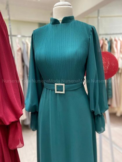 Piliseli Şifon Abiye Yeşil