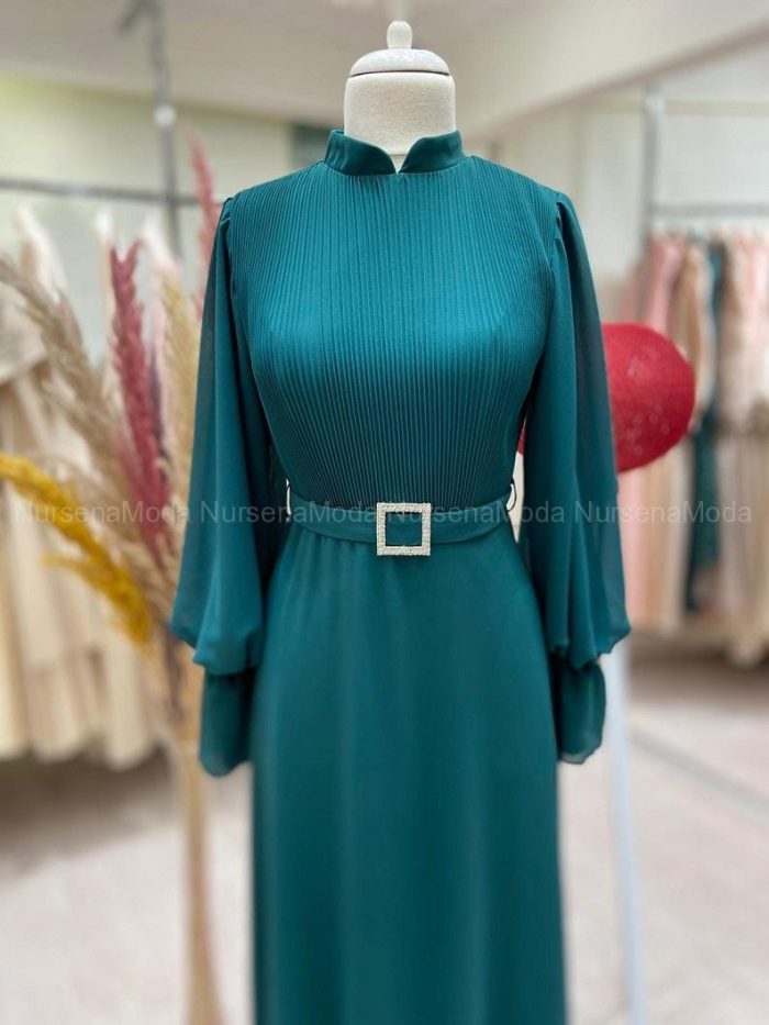 Piliseli Şifon Abiye Yeşil