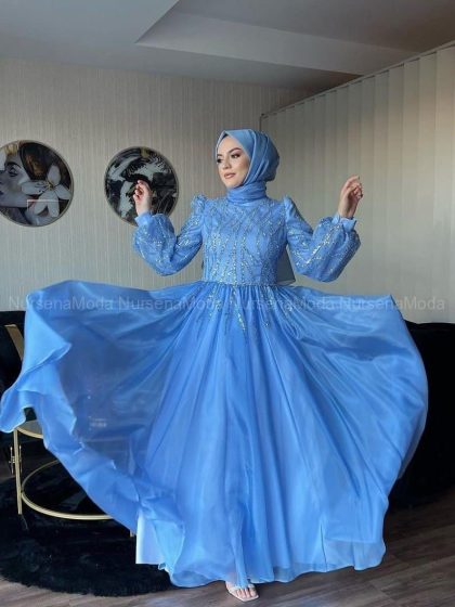 özel Tasarım Adelina Abiye Nişanlık Bebe Mavi