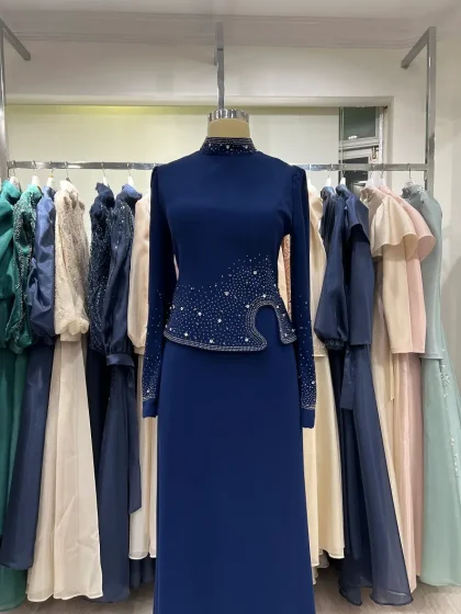 taş işlemeli lacivert tesettür abiye tam boy susanna krep