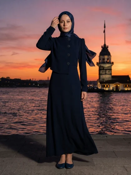 Lacivert Sevil Krep Abiye Elbise