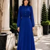 saks mavi şifon kampanyalı tesettür abiye elbise