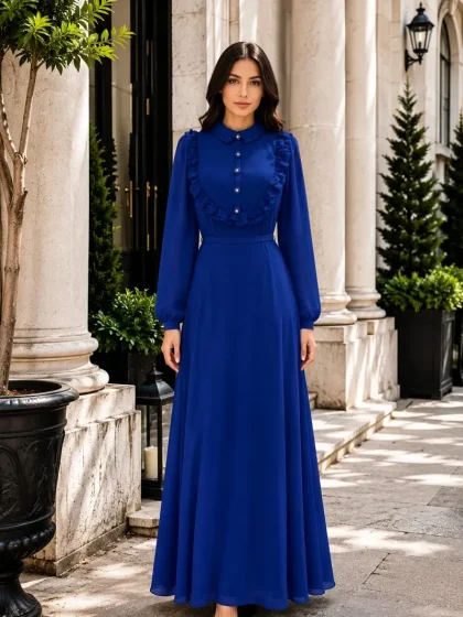 saks mavi şifon kampanyalı tesettür abiye elbise
